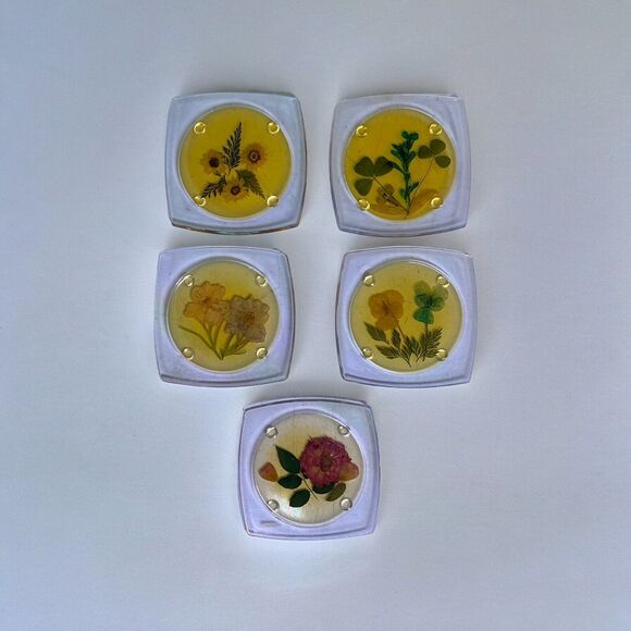 5 MCM ACRYLIC LUCITE FOOTED COASTERS WITH DRIED PRESSED FLOWERS - Picture 1 of 9